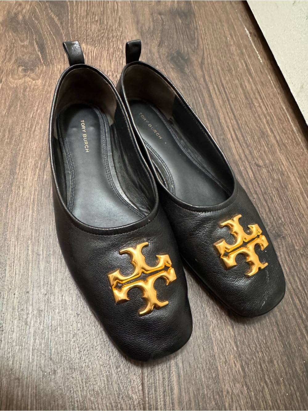 Tory Burch Black Leather Ballet Flats with Gold Logo Emblem